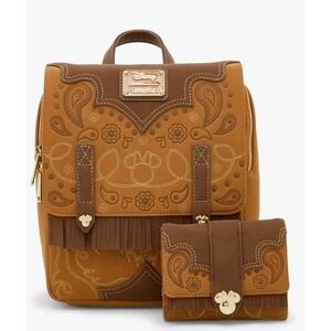 NEW Loungefly Cowgirl Western Minnie Mouse Cow Print Interior Backpack & WALLET!